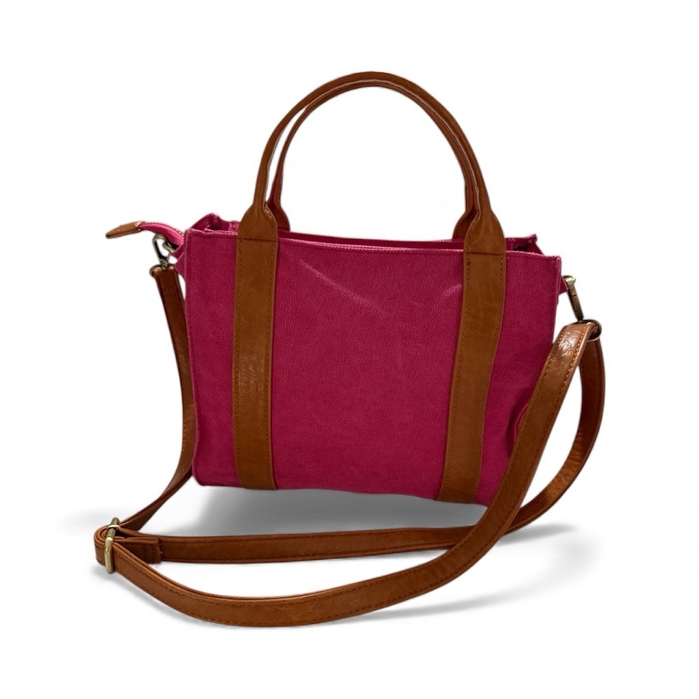 Joy Pink Canvas Leather Trim Crossbody Tote Bag